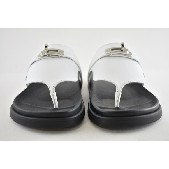 Hermes Empire Sandals White Black Leather Kelly Lock Logo Slide Mule Flat 37 - Picture 5 of 12